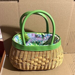 Floral Lined Woven Tote with Green Handles
